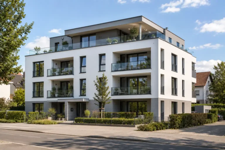 Hausbau Bad Oeynhausen - Fachgerecht gemauerte Außenwände eines zweistöckigen Rohbaus in Bad Oeynhausen unter blauem Himmel mit weißen Wolken.