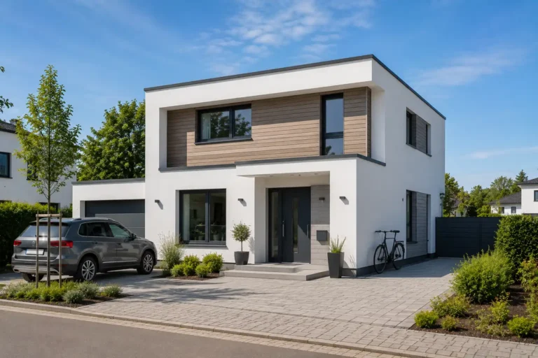 Hausbau Löhne- Modernes zweistöckiges Massivhaus in Würfelform mit Flachdach, weißer Putzfassade und Holzverkleidung, gepflasterter Einfahrt, geparktem SUV und Fahrrad vor dem Eingang in Ostwestfalen-Lippe (OWL).