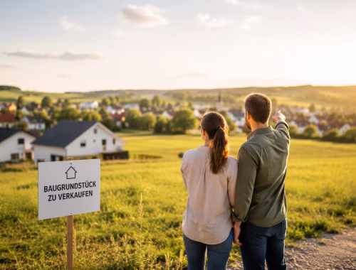 Paar betrachtet mögliches Baugrundstück für Einfamilienhaus in sonniger Wohnlage mit Blick auf Neubaugebiet