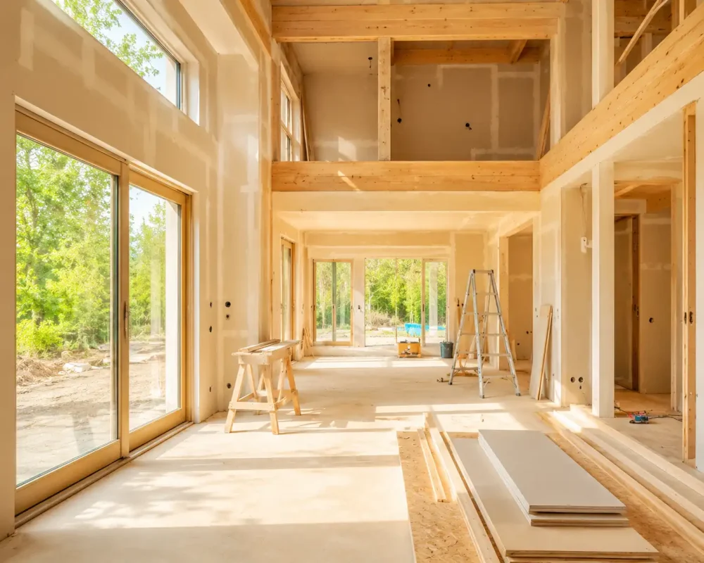 bauunternehmen löhne anfrage Innenausbau eines Neubaus mit hohen Decken und großen Fensterfronten – Rohbauphase bei RL Bau Construct
